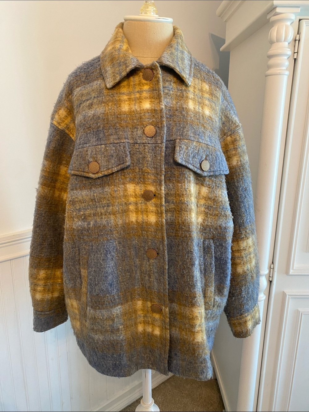Zara Gray and Mustard Plaid Wool-Blend Shacket